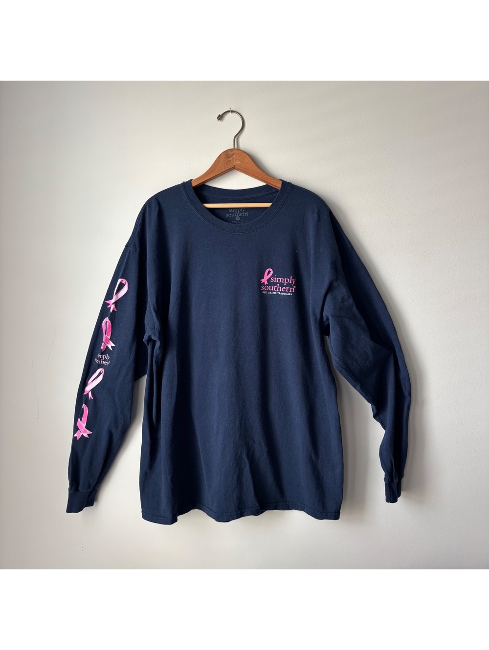 Simply Southern Breast Cancer Pink Ribbon Long Sleeve Shirt Navy Women's XL